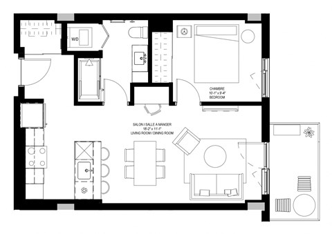 Floor plan for 1 bed, 1 bath, 610 sqft